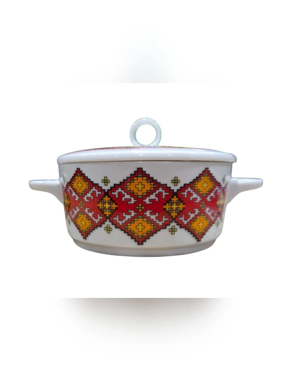 Vintage Enesco Porcelain Bowl W/Lid In a Vibrant, Aztec Southwestern-Style Print